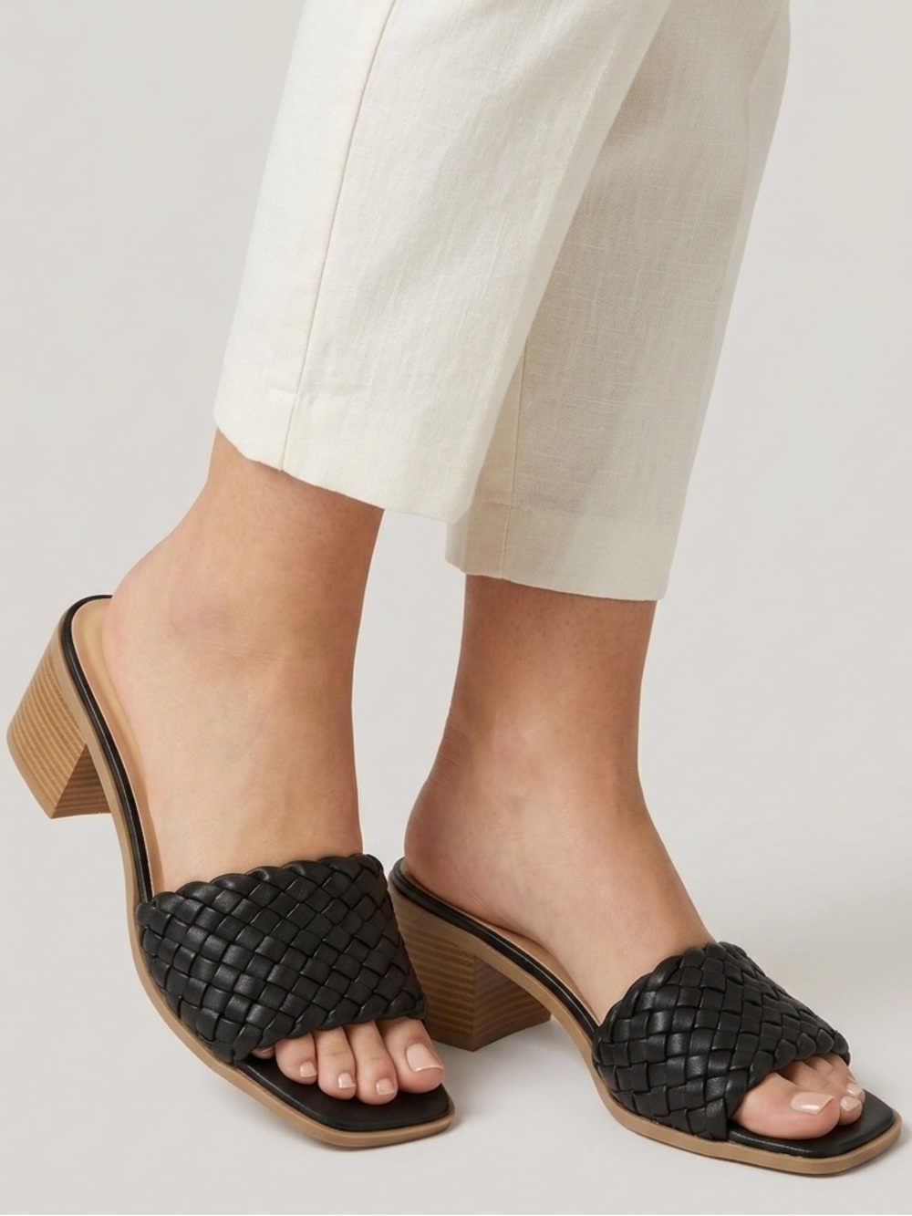 Soda Black Woven Block Heel Slide Mules